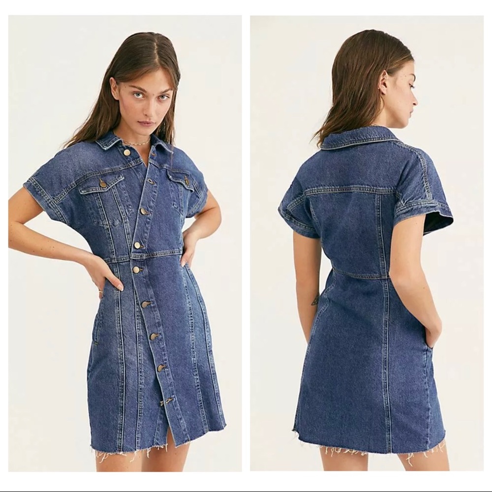 Free People ‘The City’ Denim Jean Mini Dress Button Down Short Sleeve Small NWT